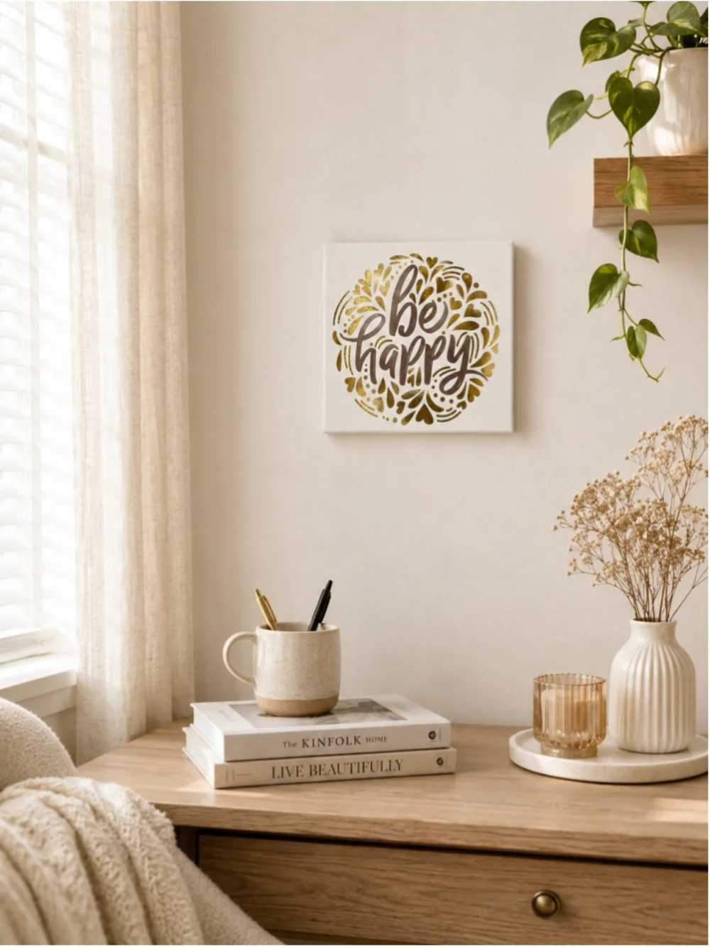 NEW “Be Happy” Gold Heart Canvas Wall Art | 8x8 Inspirational Decor